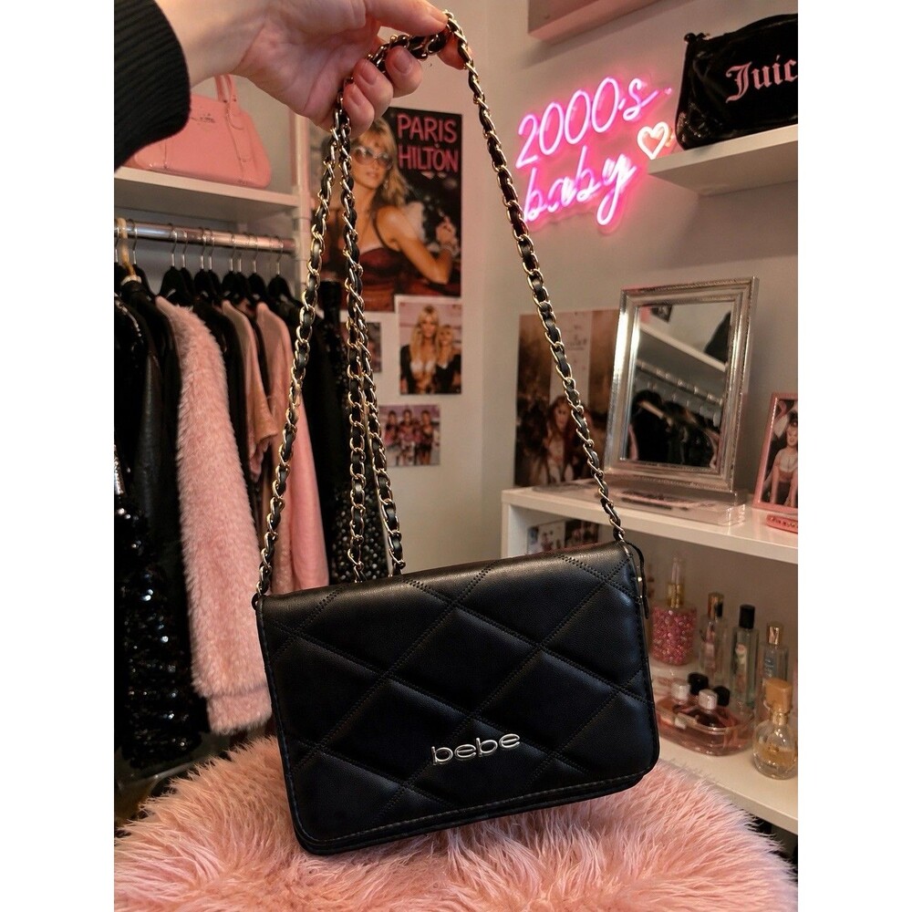 Bebe Black Quilted Crossbody Bag Gold Chain Strap Y2K Inspired Chic Style